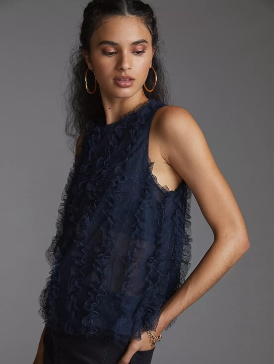 Maeve Tops - Maeve Anthropologie Ruffled Tulle Tank Navy Swiss Dot Mesh Sleeveless Top M